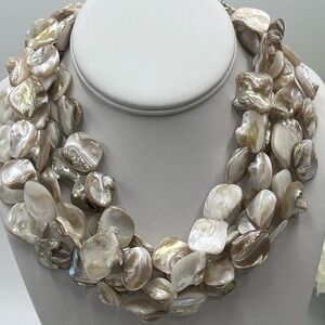 Kenneth J Lane Signed Multi Strand Neutrals Mother of Pearl and Shell Necklace